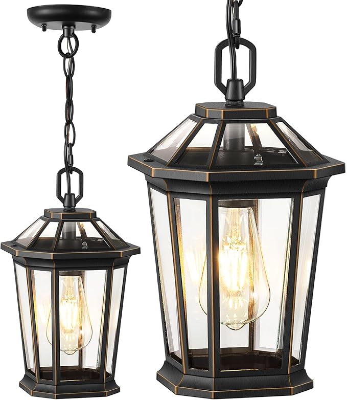 VIANIS Outdoor Pendant Light Fixtures for Porch, Exterior Ceiling Hanging Lanterns, Anti-Rust Waterproof Farmhouse Outdoor Chandelier, Black Gold Aluminum with Tempered Glass for Entryway, 1 Pack
