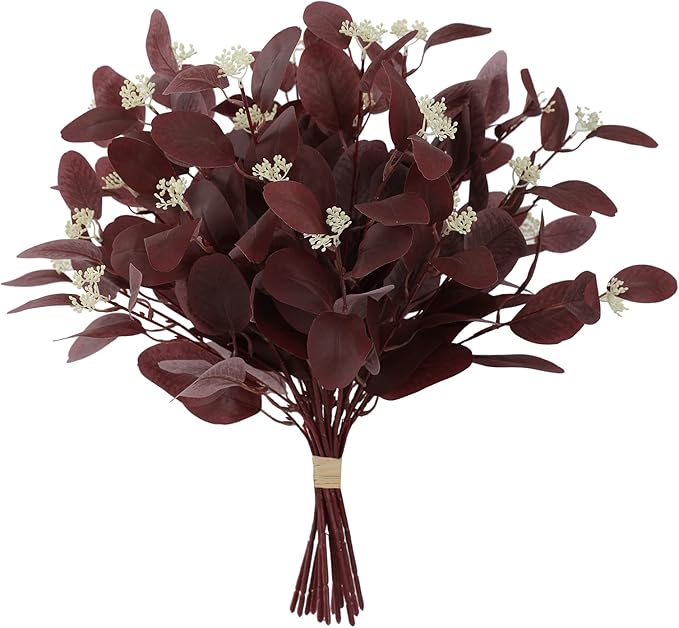20" Silk Artificial Eucalyptus Stems, 12Pcs Fake Eucalyptus Stem with Leaves Berries, Greenery Plants Floral Decorations for Wedding Party Flowers Arrangement Home Decor (Burgundy)