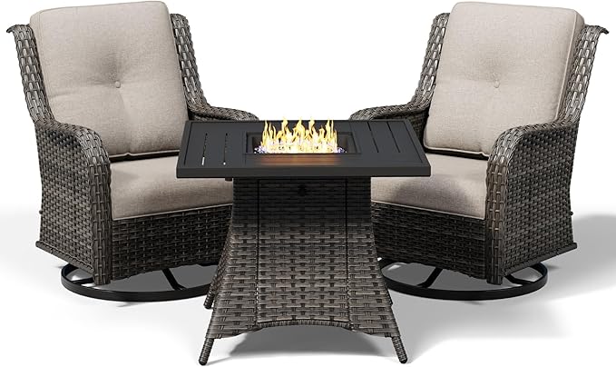 Joyside 3 Piece Wicker Patio Furniture Set with Fire Pit Table, Outdoor Swivel Rocker Patio Chairs with High Back, Deep Seating, Wide Armrest, Thickened Cushions, Outdoor Furniture for Deck, Porch Use
