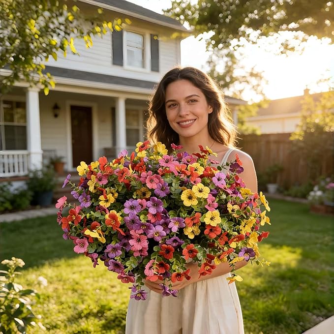 XccJLYB Artificial Flowers Outdoor UV Resistant Fake Plants, 12 Bundles Silk Daisy in Pots for Porch Patio Garden, Faux Potted Home Decor for Outside (Mix Pink, Red, Purple, Yellow)