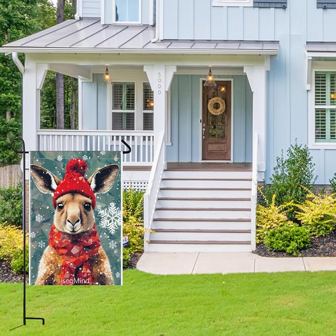 Kangaroo with Red Scarf and Hat Snowflake Christmas Garden Flag, 28x40 Inch Double Sided Linen Holiday Red Winter Farmhouse Yard Outdoor Decoration (4334)