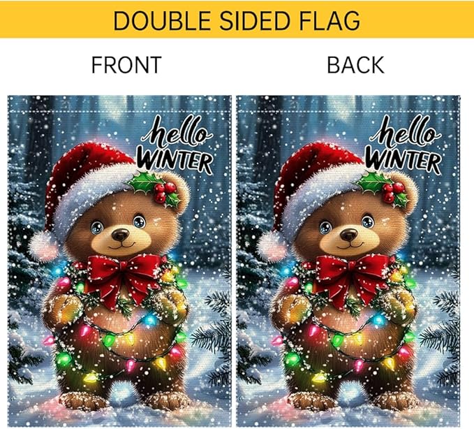 Hello Winter Garden Flag 12x18 Inch Double Sided Burlap Christmas Yard Flag Cute Bear with Lights Holiday Outdoor Small Winter Decorations for Lawn Porch Patio Tree
