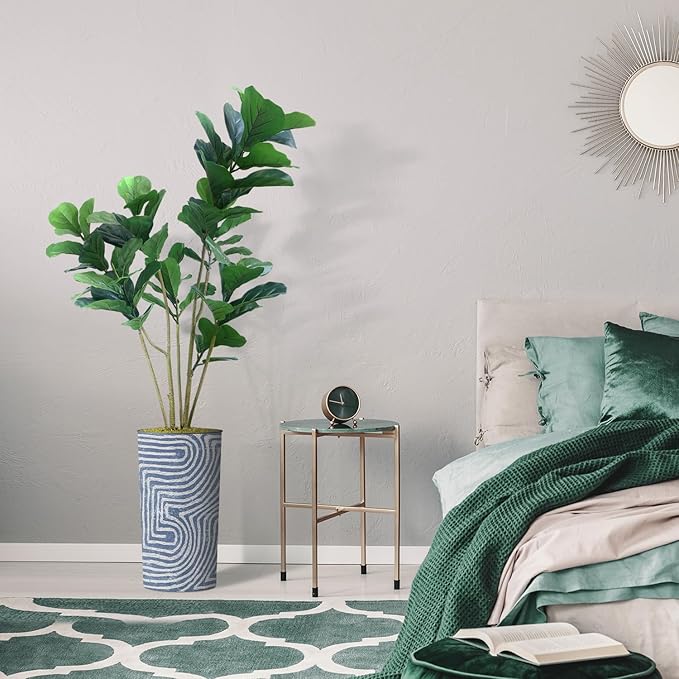 Artificial Tree in Contemporary Geometric Pattern Planter, Fake Ficus Lyrata Silk Tree for Indoor and Outdoor Home Decoration - 66" Overall Tall (Plant Pot Plus Tree)
