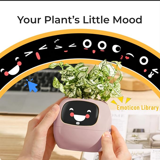 Smart Flowerpots,Smart Pet Planter,Ai Planter,Intelligent Flowerpots,Multiple Expressions,7 Smart Sensors, And Ai Chips Make Raising Plants Easy And Fun For Living Room,Desk,Plant-free (Pink)