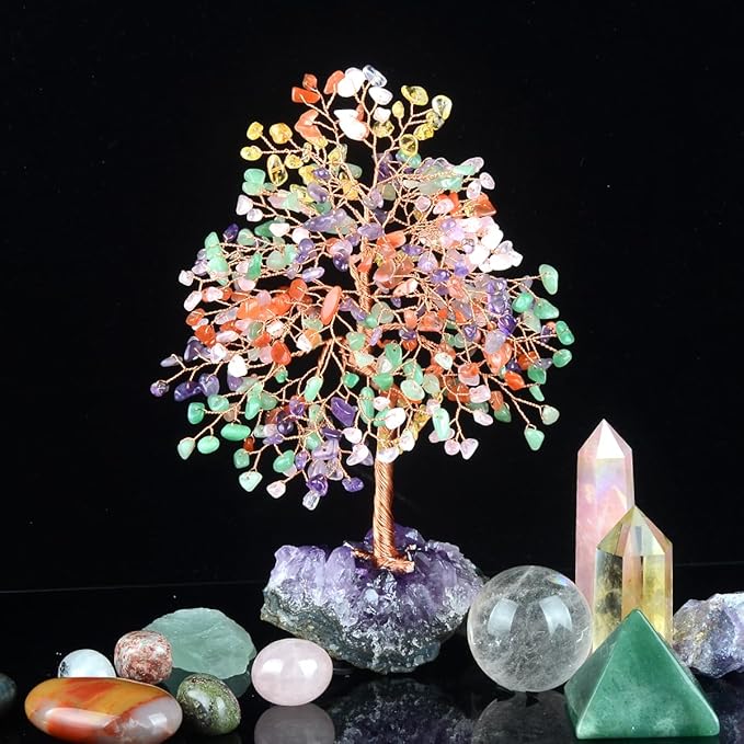 MASGEMES Chakra Tree of Life Natural Gemstone Crystal Tree,Healing Stones(406 Stone Count) with Amethyst Cluster,Fengshui Decor Bonsai Money Tree,Positive Energy Good Luck Gift Size 8.5"-9"