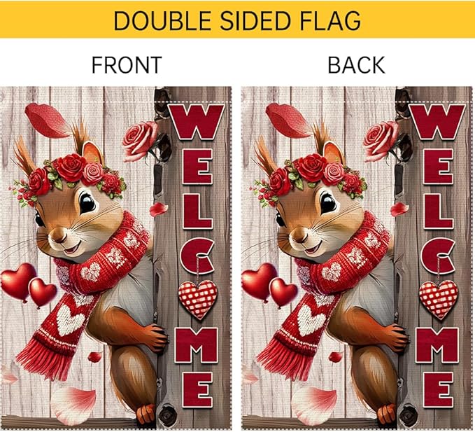 Valentine’s Day Garden Flag 12x18inch Double Sided The Squirrel Red Love Heart Rose Valentine’s Garden Flags For Home Outdoor Yard Patio Lawn Decor,Welcome Valentine Garden Outside Decorations Banner
