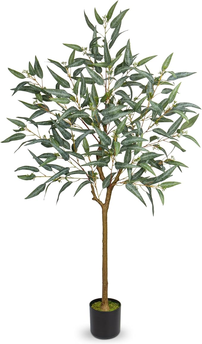 Briful 5ft Artificial Eucalyptus Tree in Black Pot, Realistic Silk Potted Floor Plant Eucalyptus Plant for Home Decor Indoor Outdoor Patio Office, Green Leaf