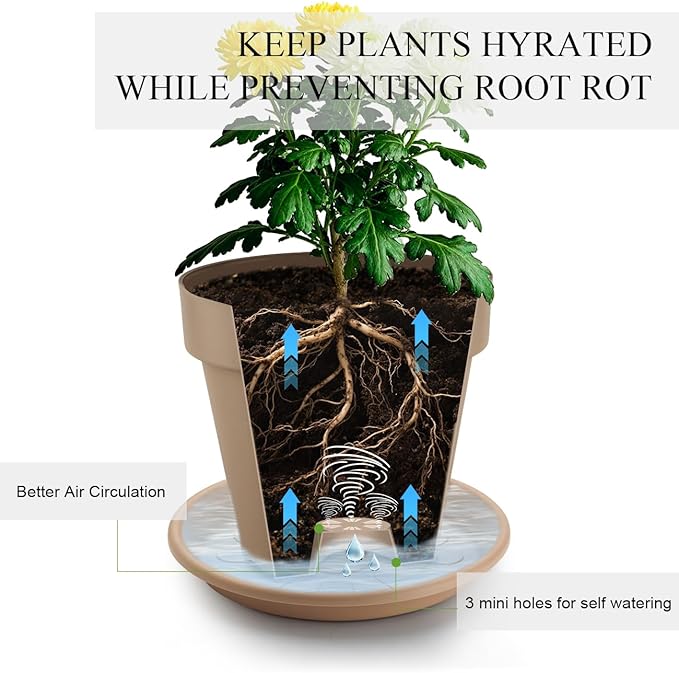 RooTrimmer 3-Pack 8/9/10 Inch Plastic Plant Pots with Saucers – Durable BPA-Free Planters with 21 Drainage Holes, Bottom Watering Design for Indoor & Outdoor Use, Succulents, Herbs, Flowers – Khaki