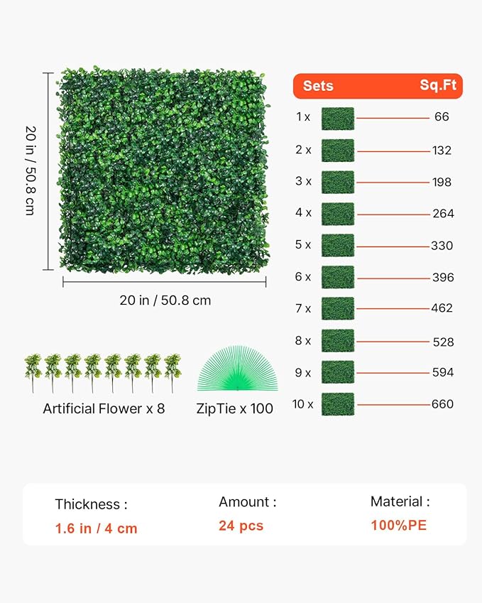VEVOR Artificial Boxwood Panel, 24pcs 20 x 20 in, 1.6 in Sun Protected Boxwood Hedge Wall Panels, Green Fake Grass Wall for Privacy Fence Decor Indoor Outdoor Garden Backyard