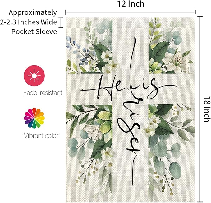 CROWNED BEAUTY Easter Garden Flag He is Risen 12x18 Inch Double Sided Floral Cross Holiday Decoration for Outdoor Lawn Yard
