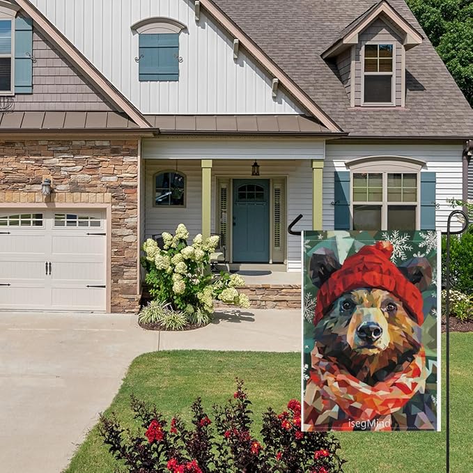 Bear with Red Scarf and Hat Snowflake Christmas Garden Flag, 28x40 Inch Double Sided Linen Holiday Red Winter Farmhouse Yard Outdoor Decoration (4322)