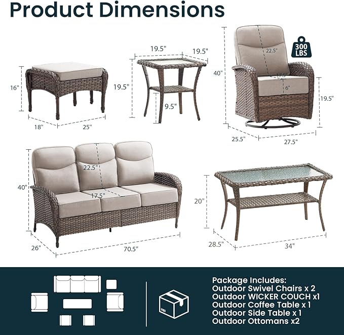 High Back Luxury Patio Furniture Set with 6-inch Thick Cushion, Swivel Rocker Patio Chairs with Outdoor Couch, 7 Piece Wicker Conversation Set for Deck Yard Garden Balcony Beige