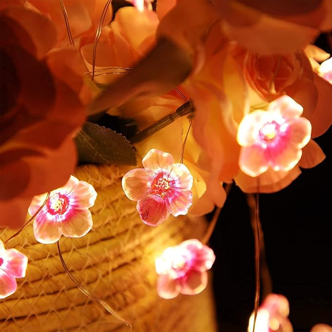 Mudder 13 FT 40 LEDs Cherry Blossom Flower String Lights for Bedroom, Pink Fairy Lights USB and Battery Operated Decorative String Light Indoor Outdoor (4 Pack)