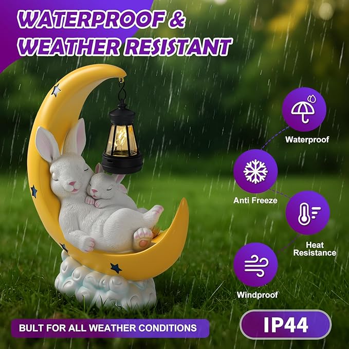 Easter Gift for Mom – Solar Powered Mother & Baby Rabbit Garden Light on Moon, Warm White LED Resin Statue for Yard and Patio | Mother's Day Gardening Gift