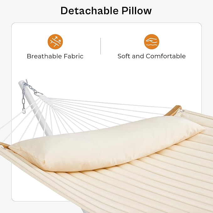 SUPERJARE Hammock with Stand, 2 Person Heavy Duty Hammock with Padded Cotton, Detachable Pillow & Strong Curved-Bar & Portable Carrying Bag, Perfect for Outdoor & Indoor, Beige