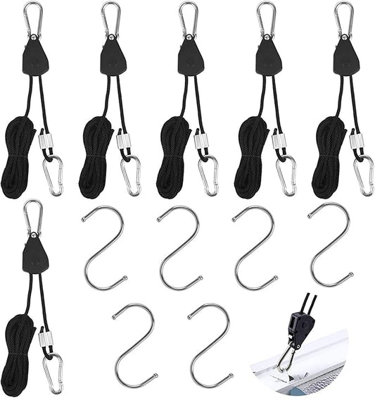 OneChoi Grow Light Rope Hanger 3Pairs，1/8" 8-Feet Long Heavy Duty Adjustable Rope Clip Hanger, Adjustable Rope Ratchet Hangers 150 Lbs per Pair with Stainless Steel 2.5" S Hook