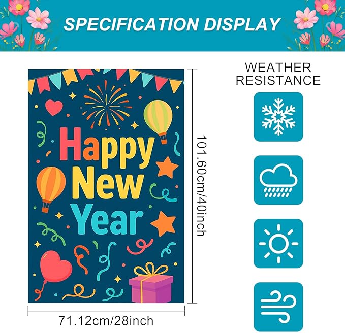 Happy New Year House Flag 28x40 Inch Double Sided Garden Flag Hot Air Balloon Gift Box and Confetti Design Winter Holiday Yard Banner Large Outdoor Flag for Porch Lawn Home Decoration