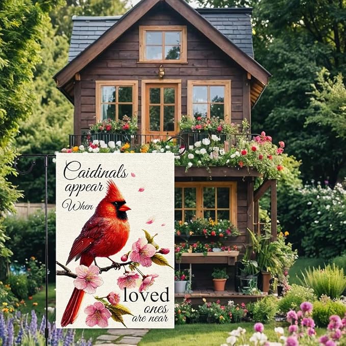 Spring Cardinal Garden Flag 12x18 Inch Double Sided Small Burlap Outdoor Yard Lawn Peach blossom Rustic Farmhouse Seasonal Wildflowers Anniversary Flags Decorations