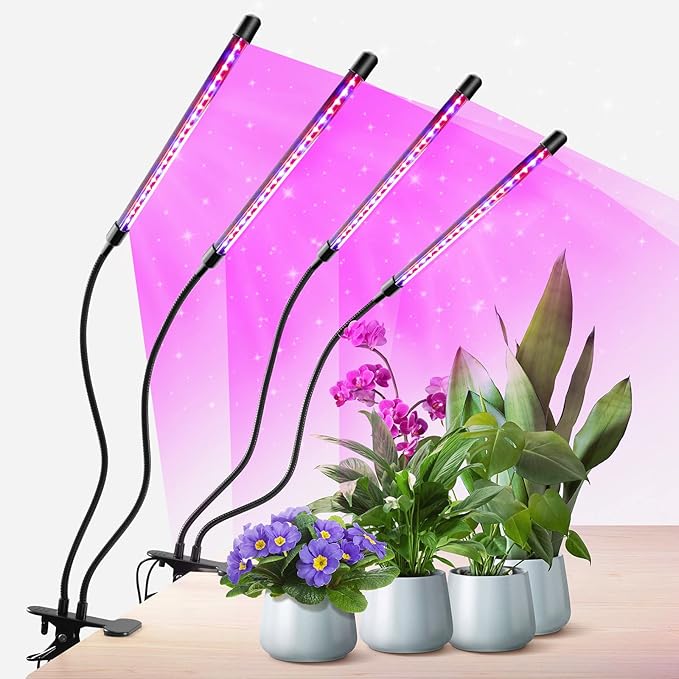 GROWSTAR Plant Lights for Indoor Growing, Red Blue Spectrum 4 Heads Clip Grow Lamps with 10 Feet Cables for Seeding Blooming and Fruiting(2 Pack)