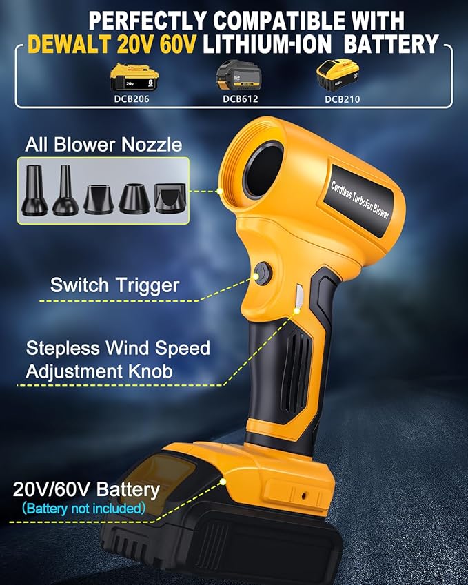 Taingwei Cordless Leaf Blower for Dewalt 20V Battery - High-Speed, Brushless Motor, 130,000 RPM, Lightweight Handheld Design for Leaves,Dust,Snow,Lawn Care,Patio Cleaning(Battery Not Included)