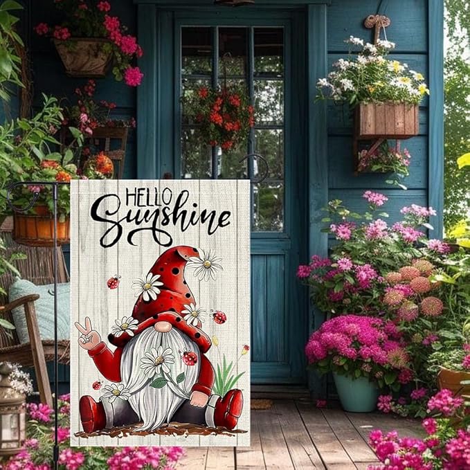 Welcome Sunshine Garden Flag Summer Gnome Garden Flags 12x18 Inch Double Sided Burlap Colorful Floral Small Decor Home Yard Lawn Holiday Outdoor Flags Decorations