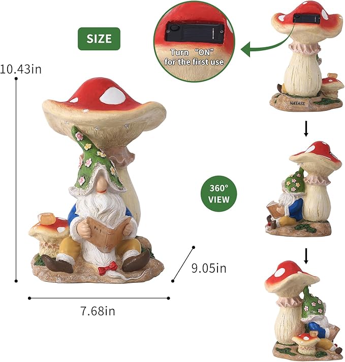 Upgraded Size Solar Garden Outdoor Statues Gnome Reading Under Mushroom with 5 LED Lawn Decor Outside Decorations for Patio, Balcony, Yard Ornament Unique Garden Gift