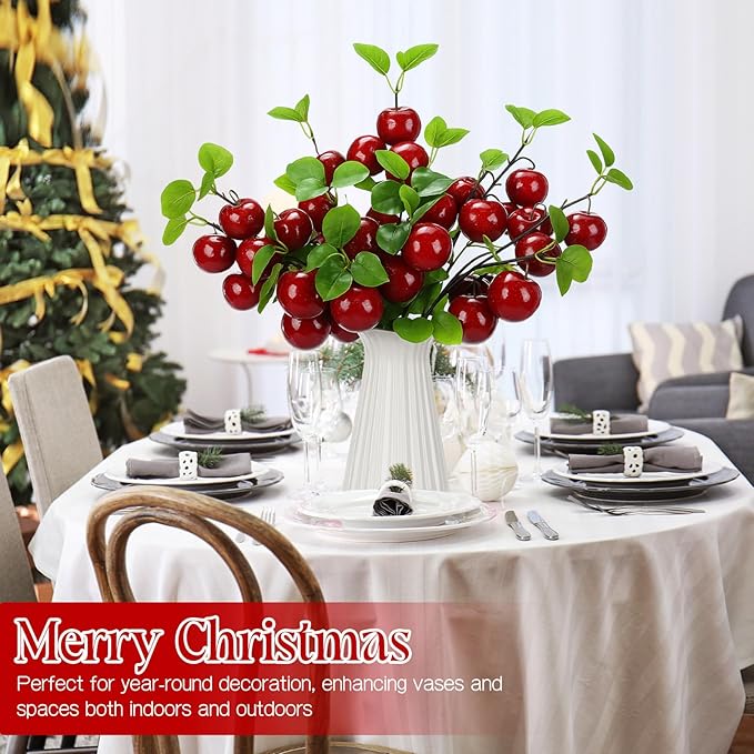6 Pcs 27.56 Inches Artificial Fake Wine Red Apple Branches Christmas Decoration Realistic Apple Bouquets Tree Branch Fruit Plant for Home Office Vase Filler Shop Decoration