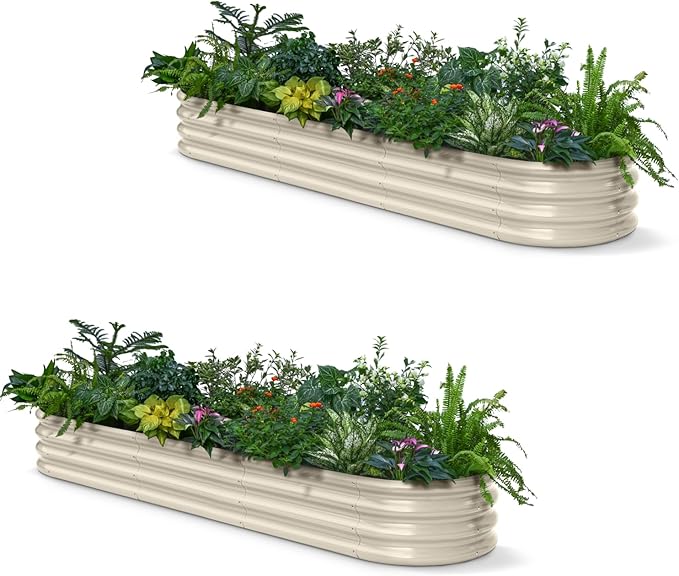 2-Pack Galvanized Raised Garden Bed 8x2x1ft - 12" Tall Metal Planter for Outdoor Plants Vegetables, Metal Garden Box with Stainless Steel Hardware, and Rust-Resistant Coating - Sand Beige