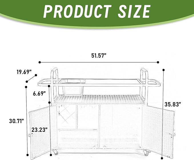 Outdoor Bar Cart with Cabinet, 51.57" Patio Serving Cart with Steel Top, Built-in Ice Bucket, Side Basket & Lockable Wheels for Garden, Backyard & Poolside, Black