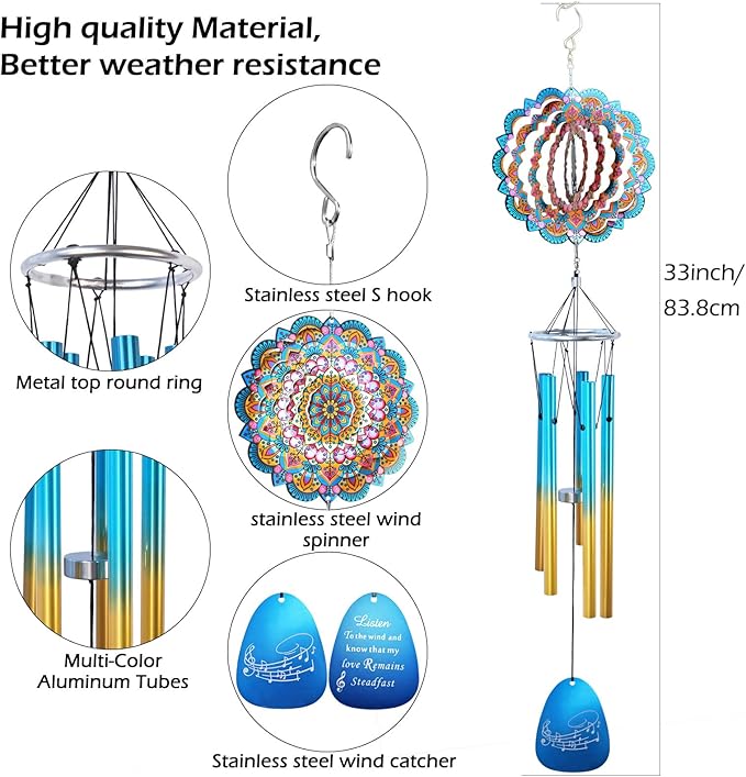 Aoedelyart Wind Chimes for Outside with Wind Spinner Mandala Lucky Star,33" Memorial WindChimes Outdoor Garden Decorations,Suitable for Zen Patio,Gifts for Mom Women Wife Grandma,Christmas Ornaments
