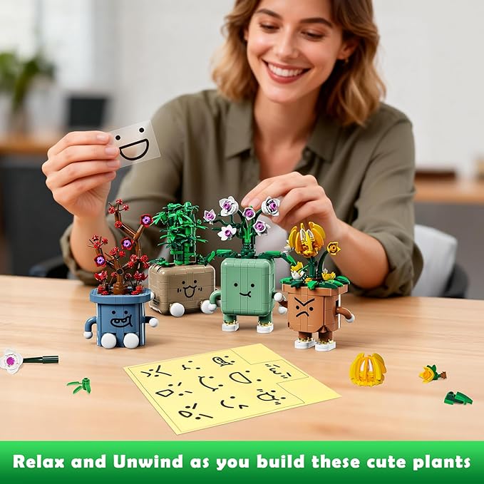 BeepZipp 4-Pot Interchangeable Botanicals Building Kit - Creative Spinning Plant Building Toys with DIY Faces, Mini Desk Decor & Fun Gift for Teens Adults (Orchid, Bamboo, Plum, Chrysanthemum)