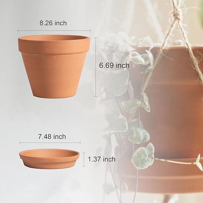 HERDUK Terracotta Pots 8 Inch(2 Pack), Large Clay Pots for Plants with Drainage Hole and Saucer, Terracotta Planter Pot for Indoor Outdoor Plant