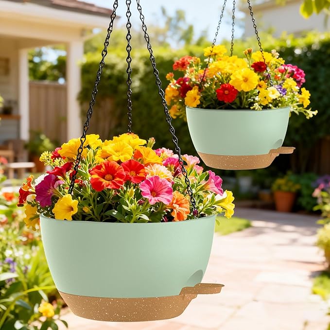 SQKH 10 Inch Hanging Baskets 2 PC with Chains, Self-Watering Hanging Planters for Indoor Outdoor Plants, Plastic Hanging Flower Pots,Green Brown