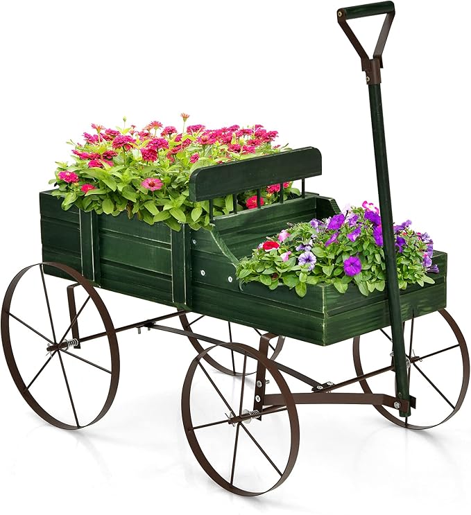 Giantex Small Wagon Planters for Outdoor Plants, Decorative Garden Bed with Metal Wheels, Wood Raised Beds Plant Pot Stand for Backyard Garden Patio 24.5"x13.5"x24" (Green)