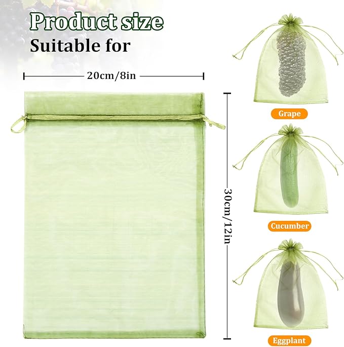 50 PCS 8X12 inches Fruit Protection Bags, Fruit Bags for Fruit Trees, Green Netting Fruit Cover Bags Drawstring Mesh Fruit Protectors Pest Barrier for Fruit Trees Veggies Garden
