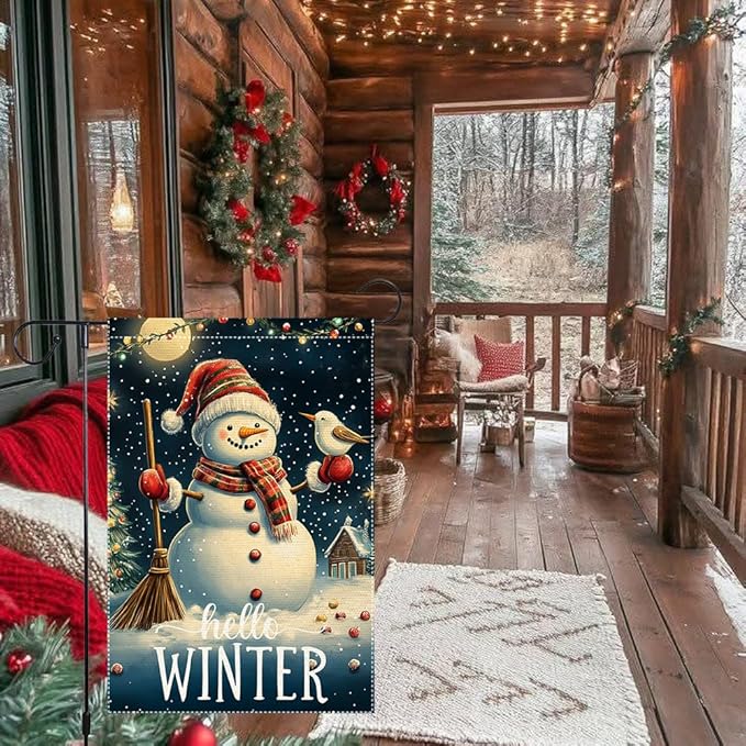 Hello Winter Garden Flag 12x18 Inch Double Sided Burlap Snowman Outdoor Yard Flag Holiday Christmas House Flag Seasonal Winter Welcome Banner Small Cute Lawn Porch Decoration