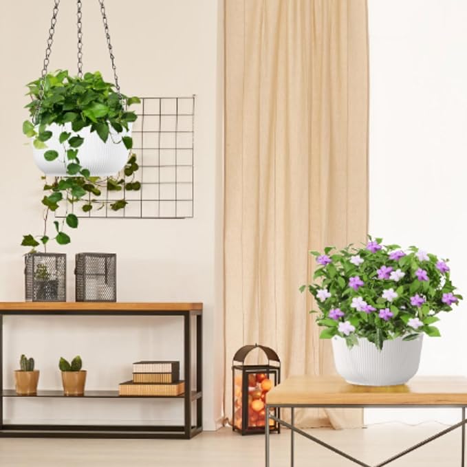 Kvetto Set of 2 White 8.8 Inch Hanging Planters for Indoor Outdoor Plants, Self Watering Hanging Baskets Flower Pots with Drainage Hole & Plug