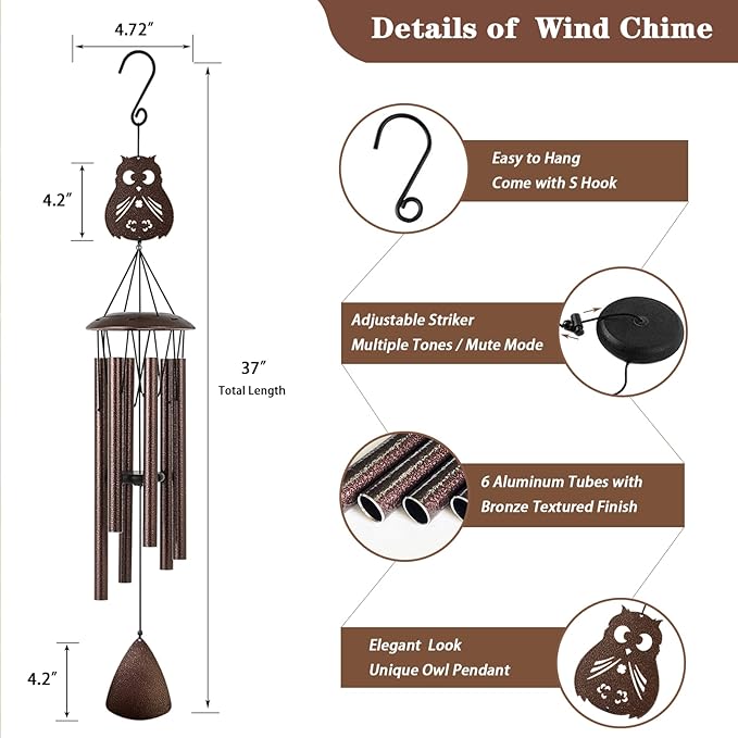 Doopeer Wind Chimes, 37" Owl Wind Chimes for Outside Garden Patio Yard Decor, Deep Tone Windchimes for Mom Women Grandma Wife, Gifts for Christmas, Mother's Day, Housewarming, Retirement