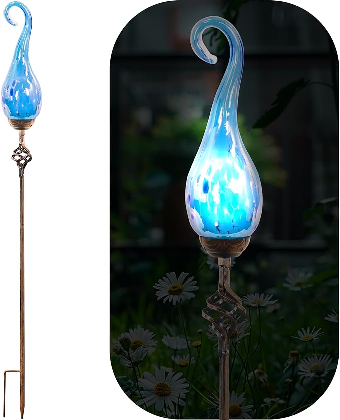 Naboher Garden Solar Lights Outdoor, Decorative LED Pearlized Glass Spiral Garden Stake with Finial, Hand Blown Glass and Metal Outdoor Decoration, 3 x 36 Inch (Light Blue)
