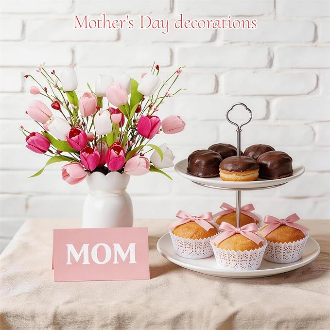 4Pcs Artificial Tulips Twigs Mother's Day Decorations Pink Tulip Berry Stems for Easter Day Anniversary Flower Bouquets Wedding Home Decor