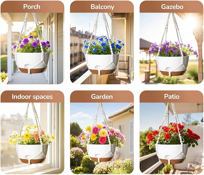 LESOASIS 12 Inch Hanging Baskets for Plants Outdoor, Hanging Planters for Indoor Outdoor Plants, Hanging Planter with Self Watering, Hanging Flower Pots (White Planter with Macrame + Iron Hangers)