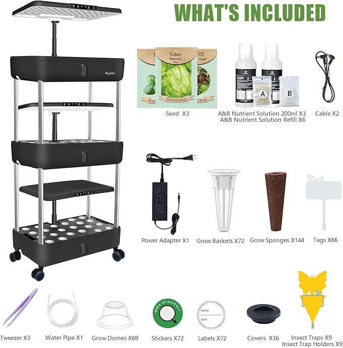 66-Pod Indoor Hydroponic Growing System + 3 Free Seeds Starter Kit (Lettuce, Salad Mixed, Basil Seeds) – Dual 53W Full-Spectrum LED, 10-L Water Tank, 3-Tier Grow Pods (66 Pods)