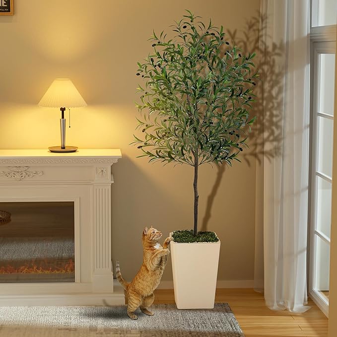 Olive Trees Artificial Indoor 6ft, Tall Faux Silk Plant with Pot, Realistic Leaves and Natural Wood Trunk Fake Trees with Lifelike Fruits for Home Office Decor Bedroom Livingroom Entryway Housewarming
