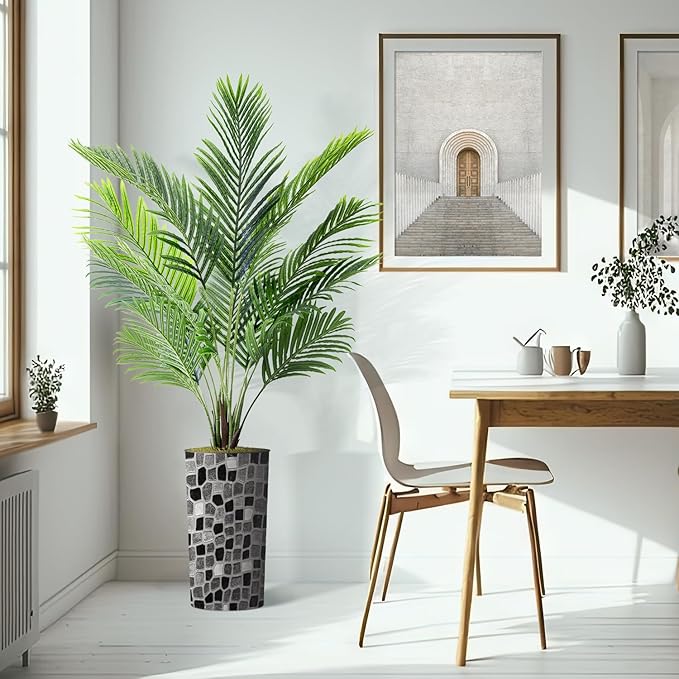 Artificial Tree in Modern Geometric Pattern Planter, Fake Areca Tropical Palm Silk Trees for Indoor and Outdoor Home Decoration - 66" Overall Tall (Plant Pot Plus Tree)