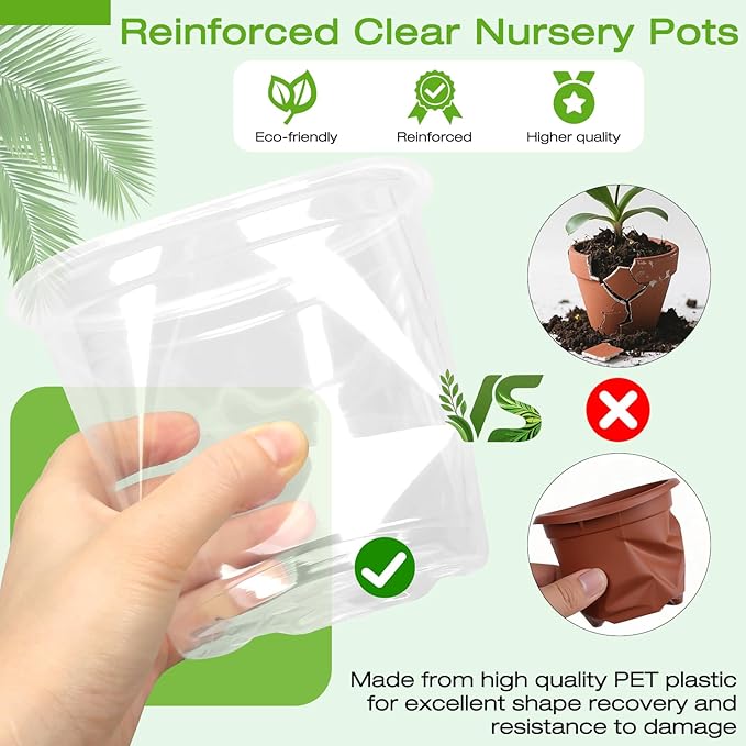 4 Inch Clear Nursery Pots with Drainage Trays, 15 Pack Plastic Pots for Plants, Clear Pot for Seed Starting, Transplanting, Succulents, and Indoor Gardening (4 inch)