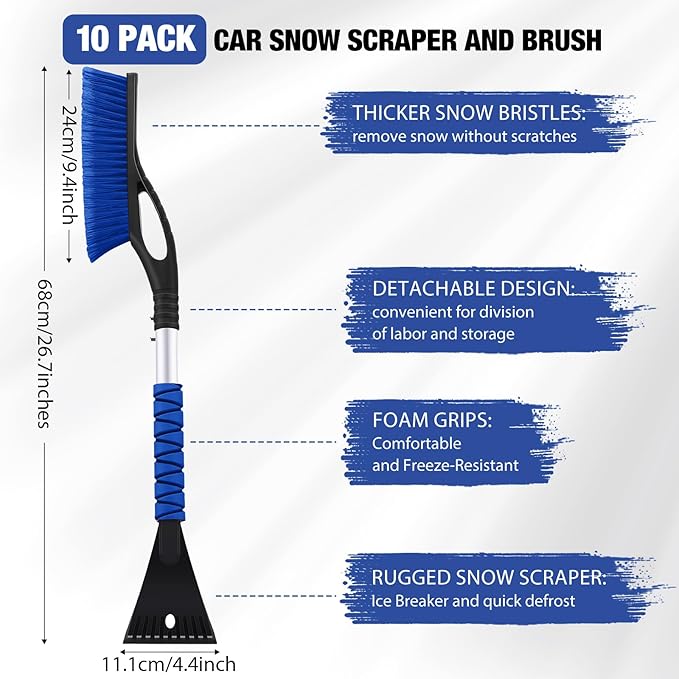 Gisafai 10 Pack 27" Snow Brush and Detachable Ice Scraper Snow Removal Car Brush with Comfortable Foam Grip for Car SUV Truck Windshield Window (Blue)