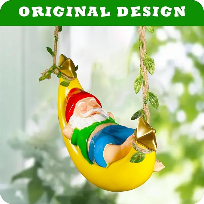 Easinine Hanging Gnome Statue Resin Moon Hammock Gnome Yard Decor for OutdoorHome Garden Decor Gifts for Mom Women and Man