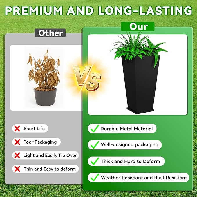 POOAMY Metal Planter 2 Pack, 15L x 15W x 30H, Heavy Duty Tall Planters for Outdoor Plants, Black Planters with Removable Insert Shelf, Large Planters with Drainage Holes for Porch, Patio, Black