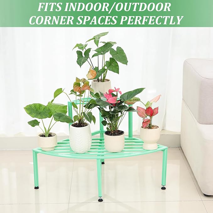 Dipion Corner Plant Stand Outdoor Metal,2 Tier Heavy Duty Ladder Plant Shelf Indoor for Multiple Plants,37.08" L x 22.83" W x 20.07" H,Mint Green