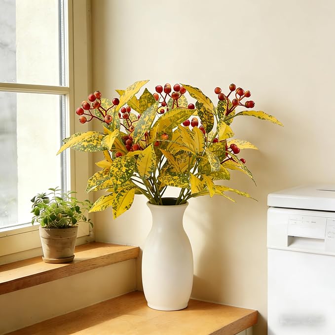3 Pcs Artificial Autumn Plants, 18" Faux Greenery Fall Leaves Branches for Vase Fake Red Berry Plants Stems Indoor for Table Fireplace Cabinet Livingroom Kitchen Festivals Home Decor (Late Autumn)